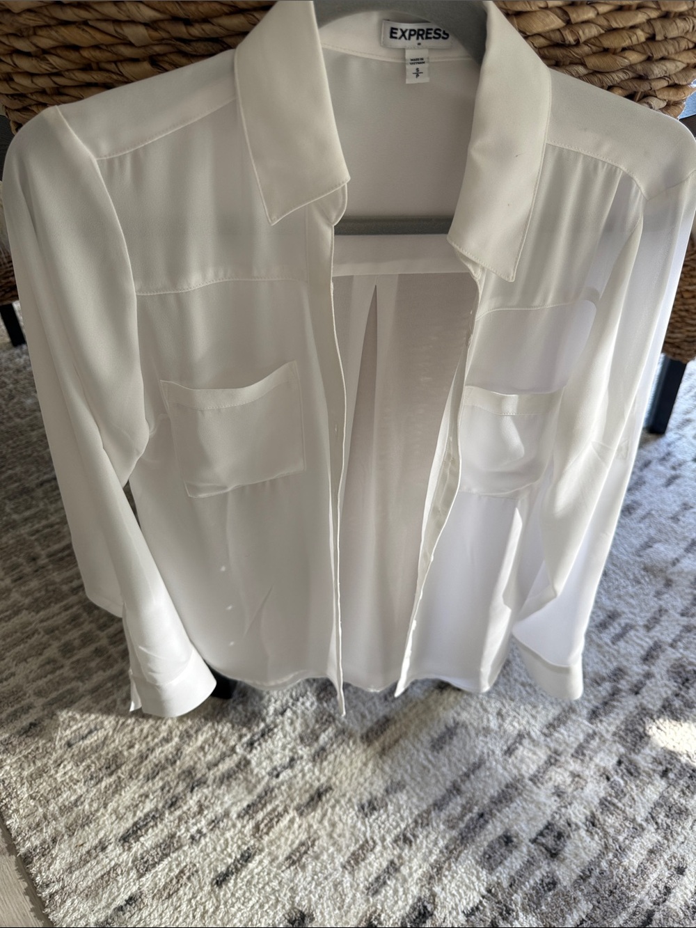 Express Sheer White Button-Front Blouse with Chest Pockets